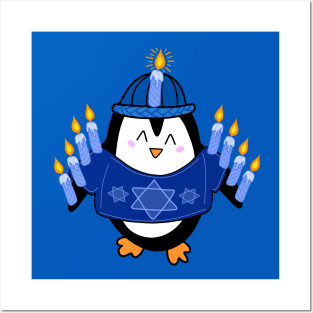 Cute Hanukkah Penguin Dressed as a Menorah on a Blue Backdrop, made by EndlessEmporium Posters and Art